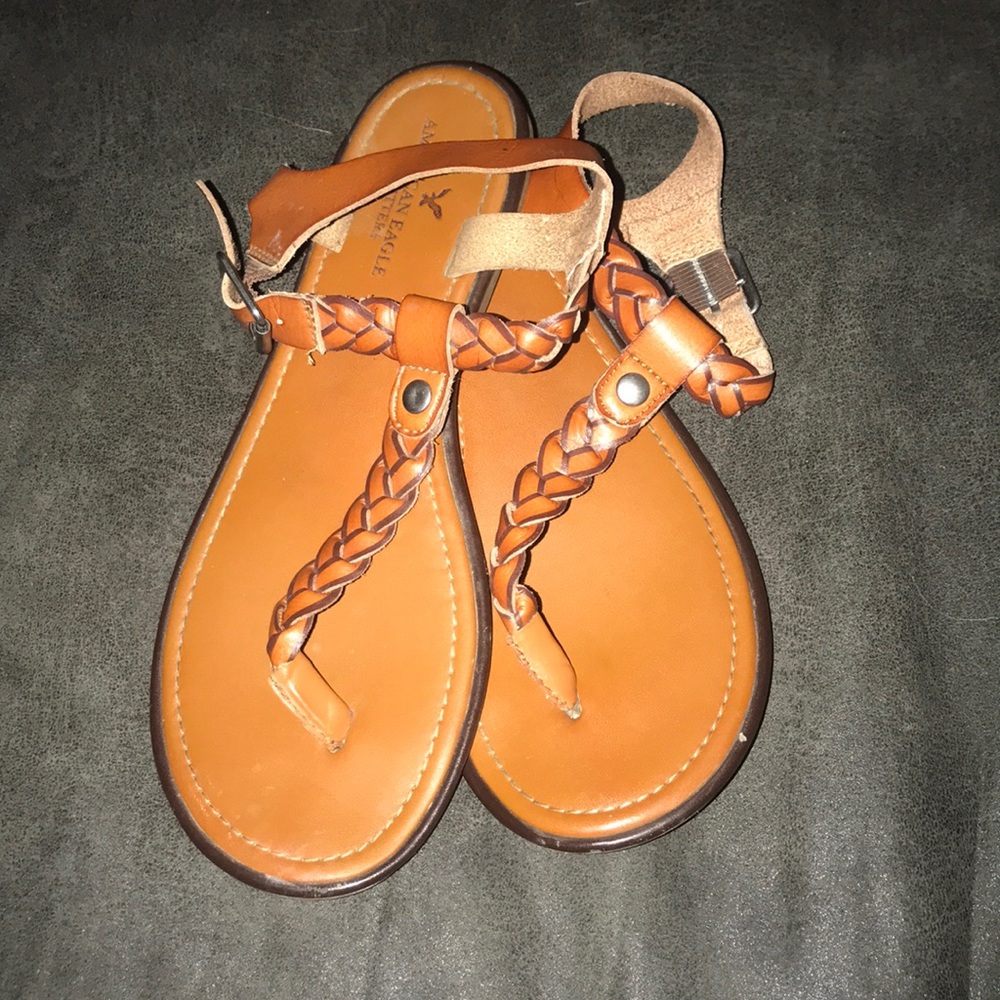 American Eagle Braided Leather T-Strap Sandals